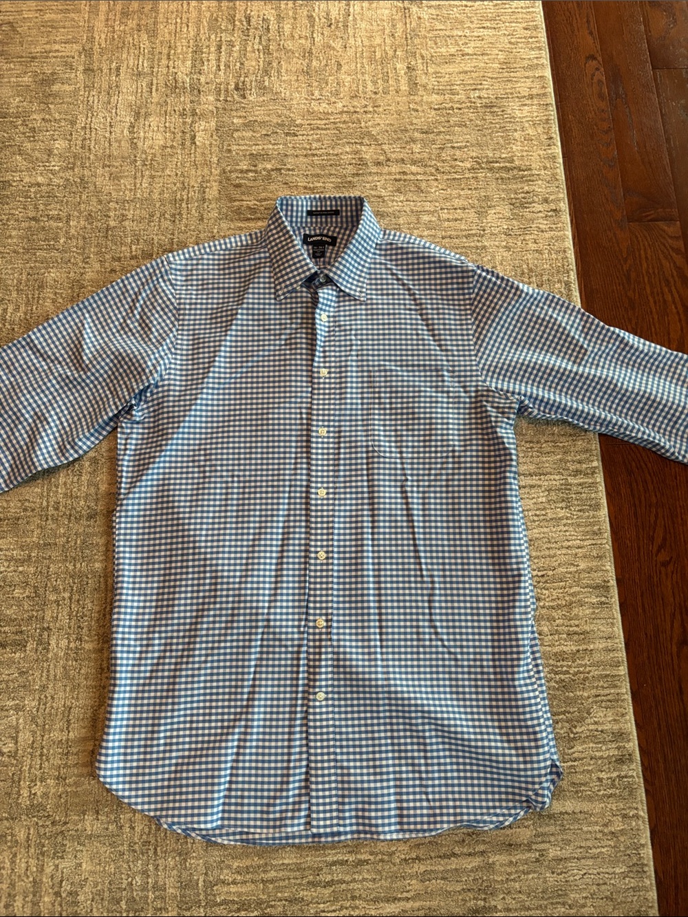 Lands' End Men's Blue and White Gingham Dress Shirt